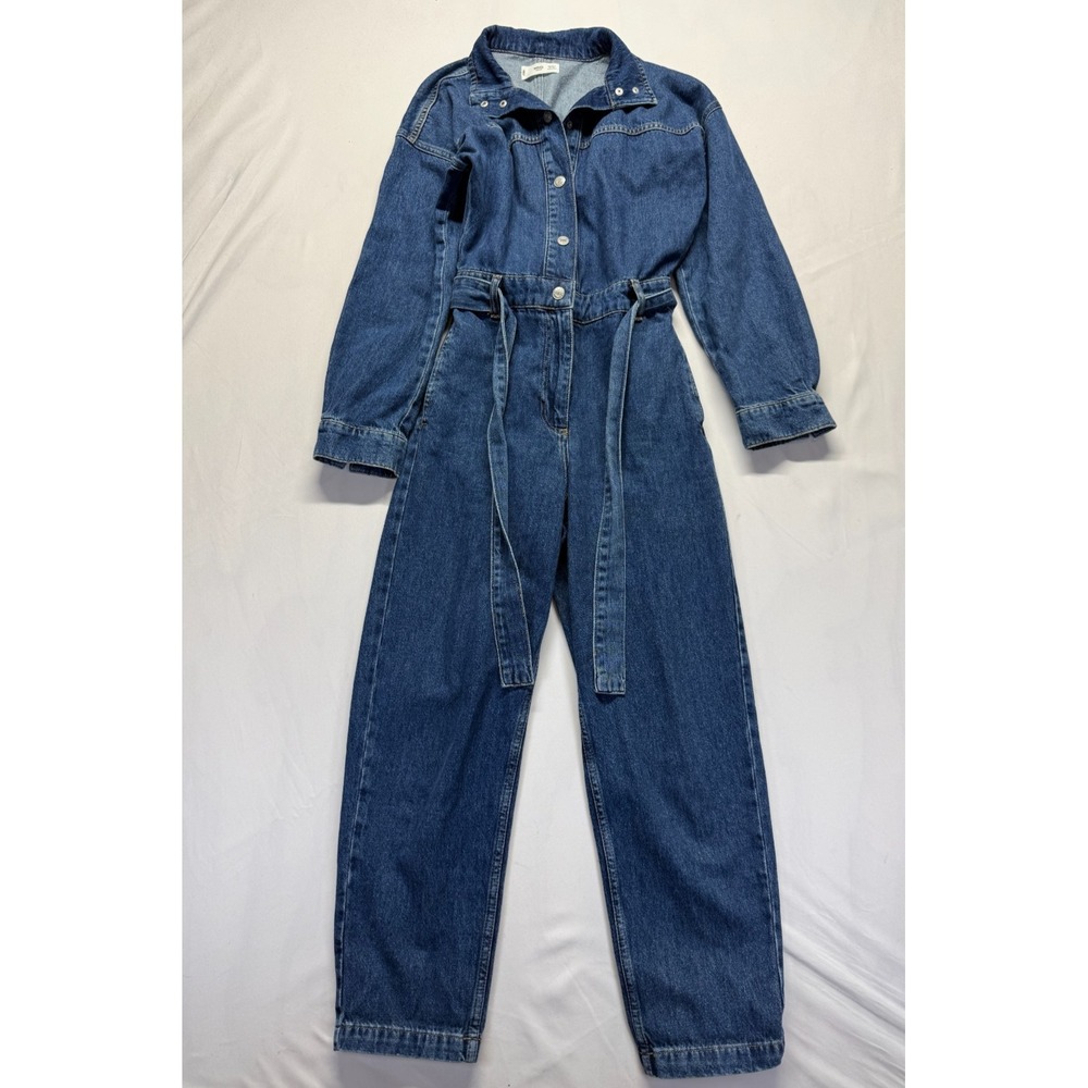 Mango MNG Denim‎ Jumpsuit Womens Small Blue Cotton Belted Button Front One Piece